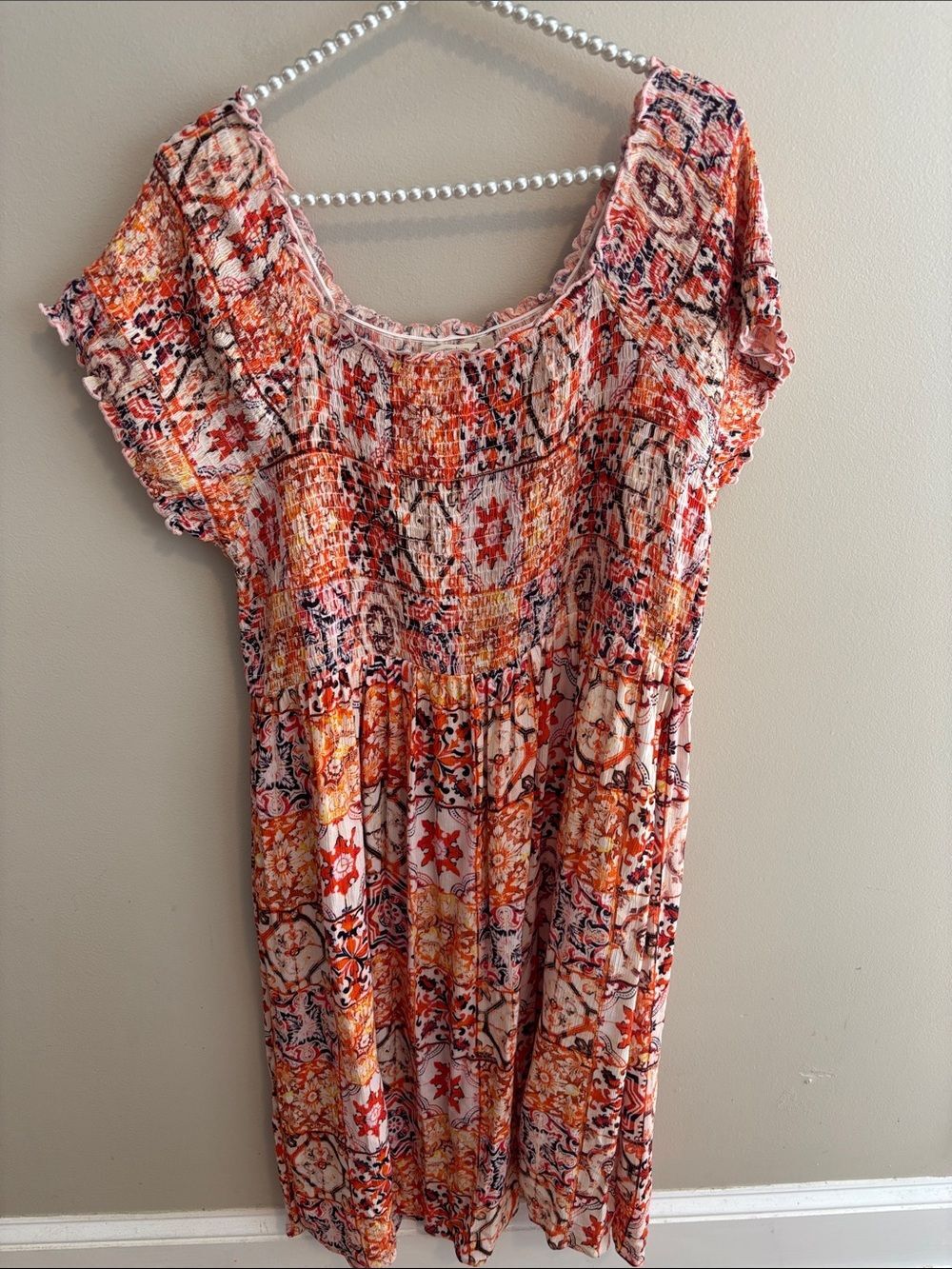Soft Surroundings XL Dress Smocked Midi Boho Patchwork Mosaic Orange Peasant